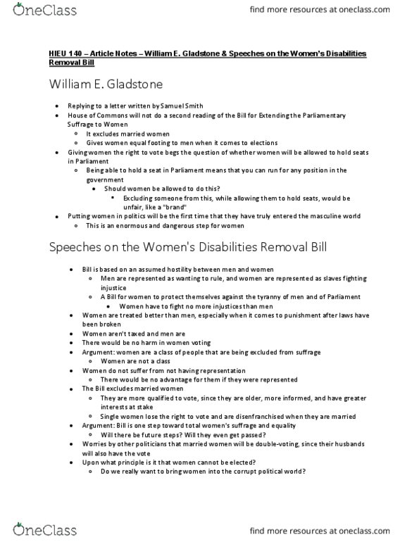 HIEU 140 Chapter Article Notes: William E. Gladstone & Speeches on the Women's Disabilities Removal Bill thumbnail